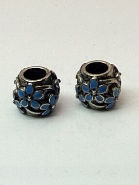 Blue Enamel Flower Spacer Beads Pair European Charm Bracelet